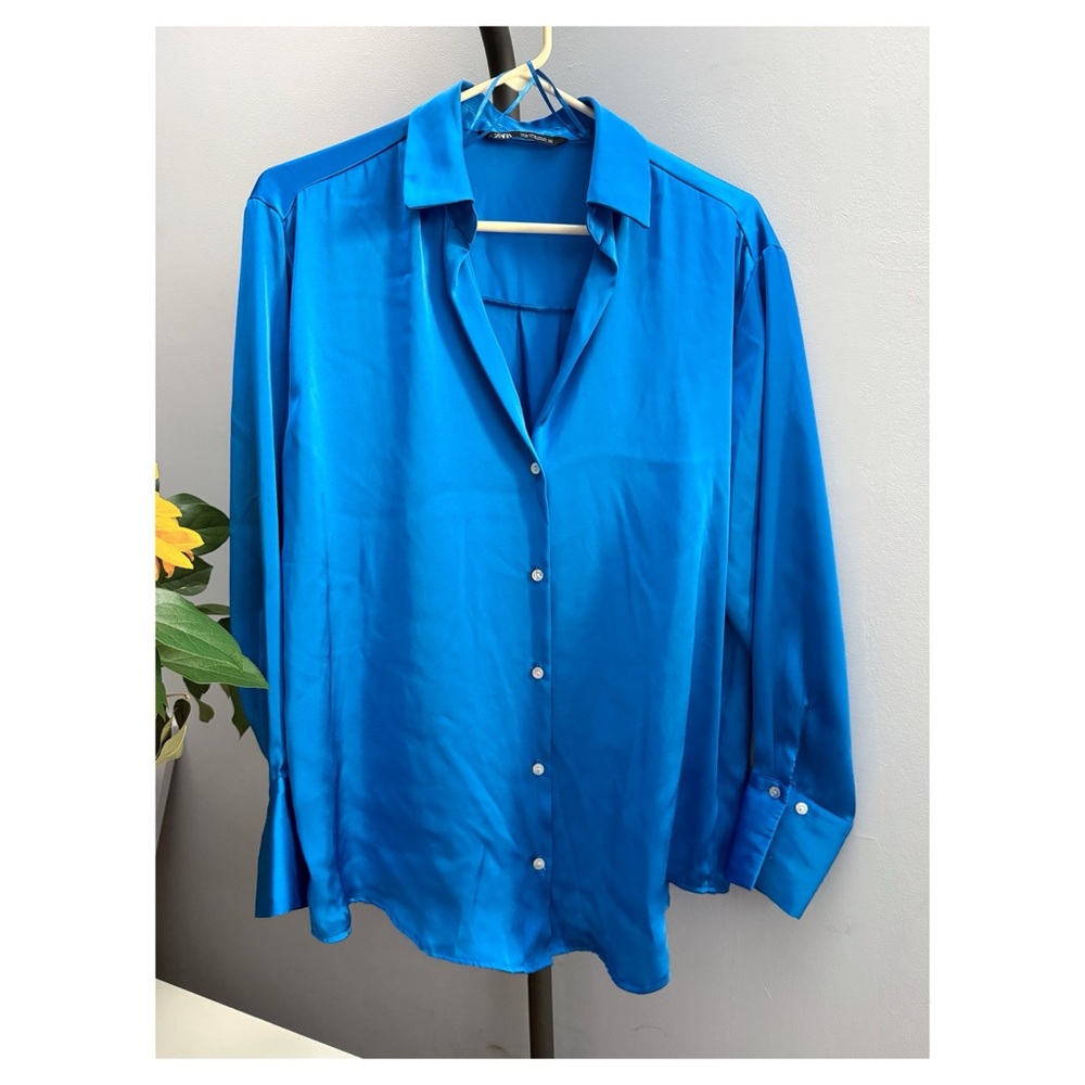 ZARA Electric Blue Button-Up Flowy Shirt